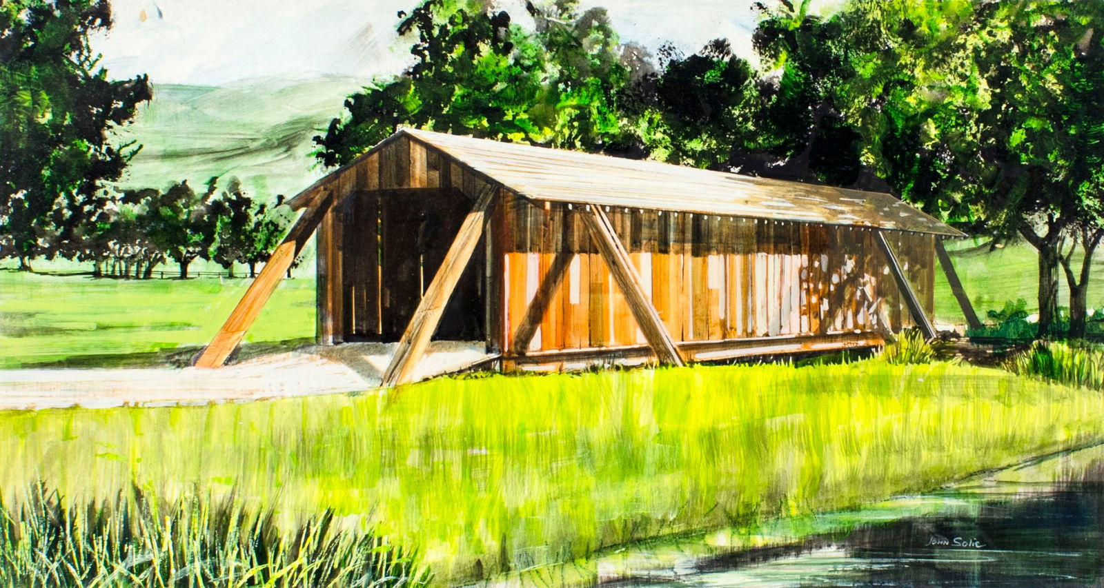 John Solie (AZ,OR,b 1937) gouache painting: ARTIST: John Solie (Arizona, Oregon, born 1937) NAME: Yankee Doodle - Exterior Bridge MEDIUM: gouache on board CONDITION: Board missing upper left corner. No visible inpaint under UV light.<