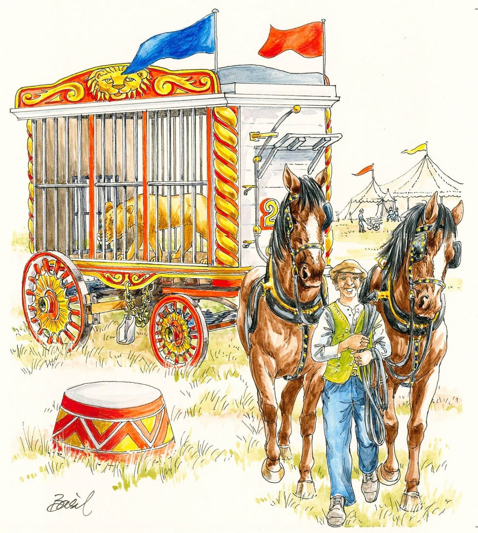 Basil Smith (UK,1925-2010) watercolor painting: ARTIST: Basil Smith (United Kingdom, 1925 - 2010) TITLE: Circus Wagon (titled on verso) YEAR: 1992 MEDIUM: watercolor on board CONDITION: Minor damage