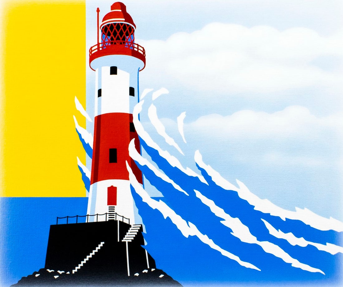 Newell and Sorrell (UK,20C) gouache painting: ARTIST: Newell and Sorrell (United Kingdom, 20 century) TITLE: Safety at Sea - Lighthouse (titled on verso) YEAR: 1985 MEDIUM: gouache on board CONDITION: