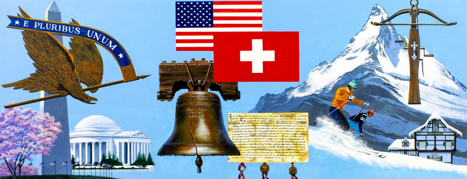 Dean Ellis (NY,1920-2009) gouache painting: ARTIST: Dean Ellis (New York, 1920 - 2009) TITLE: USA - Switzerland Joint Issue Painting YEAR: 1991 MEDIUM: gouache on board CONDITION: Very good. Norm