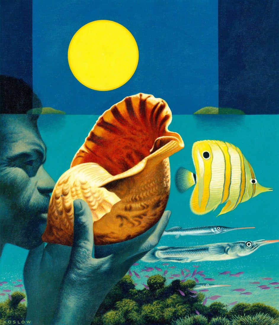 Howard Koslow (NJ,NY,1924-2016) oil painting: ARTIST: Howard Bertram Koslow (New Jersey, New York, 1924 - 2016) TITLE: Republic of Palau (titled on verso) YEAR: 1995 MEDIUM: oil on board CONDITION: