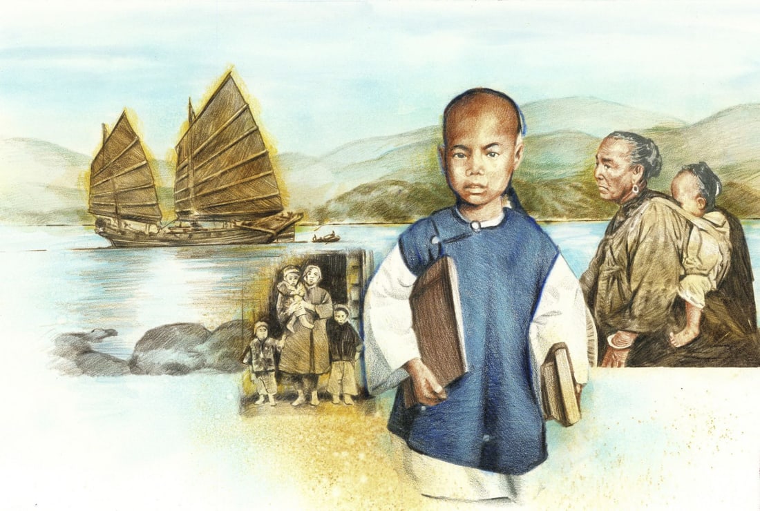 Chris Calle (CT,b 1961) colored pencil painting: ARTIST: Chris Calle (Connecticut, born 1961) TITLE: Life of Sun Yat Sen - Birth 1866 in Cuiheng Village, China (titled on verso) YEAR: 2000 MEDIUM: colored pencil on board