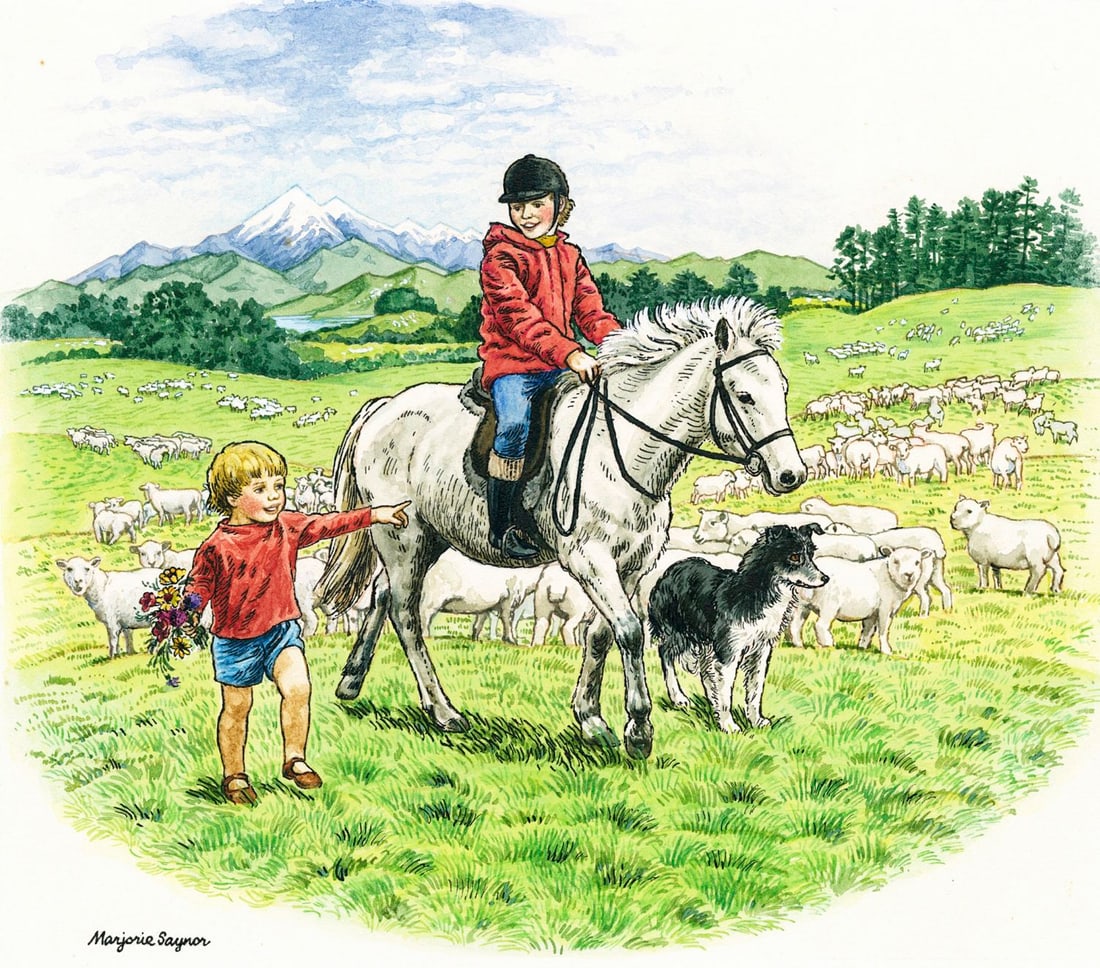 Marjorie Saynor (UK,1924-2012) watercolor painting: ARTIST: Marjorie Saynor (United Kingdom, 1924 - 2012) TITLE: Boy Riding Horse, New Zealand YEAR: 1979 MEDIUM: watercolor on board CONDITION: Very good.