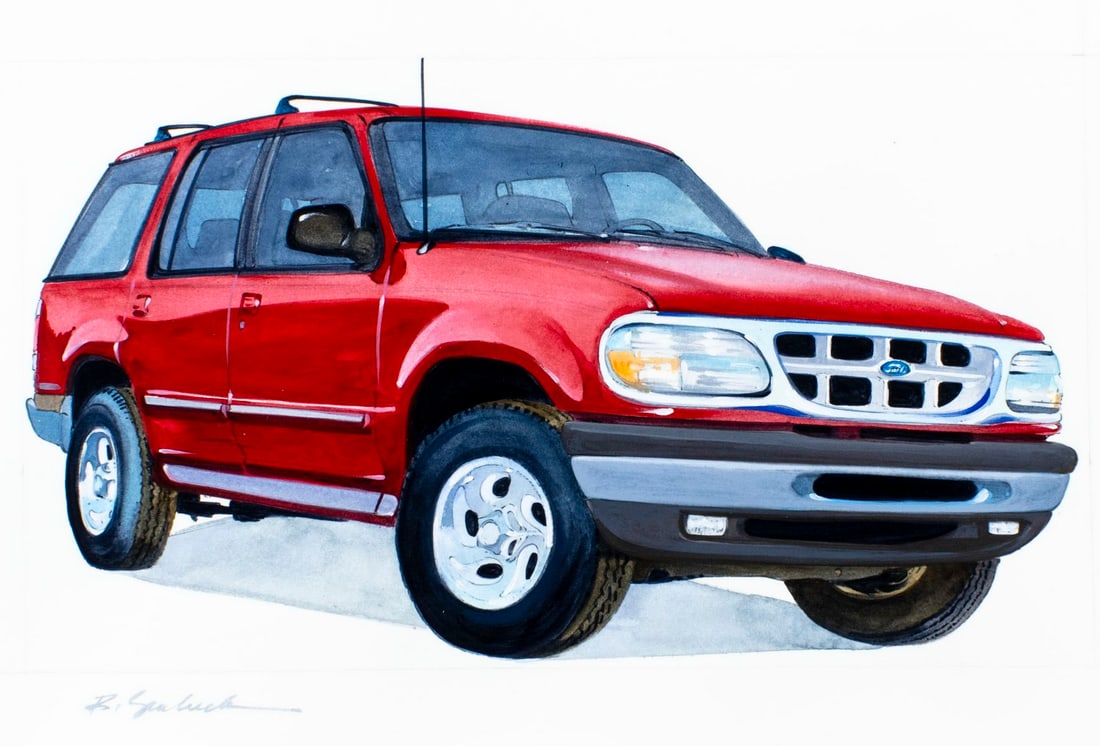 Robert Seabeck (WY,1945-?) watercolor painting: ARTIST: Robert Seabeck (Wyoming, 1945 - ???) TITLE: Ford Automobiles, 1995 Explorer Car YEAR: 1996 MEDIUM: watercolor on heavy paper CONDITION: Some pi