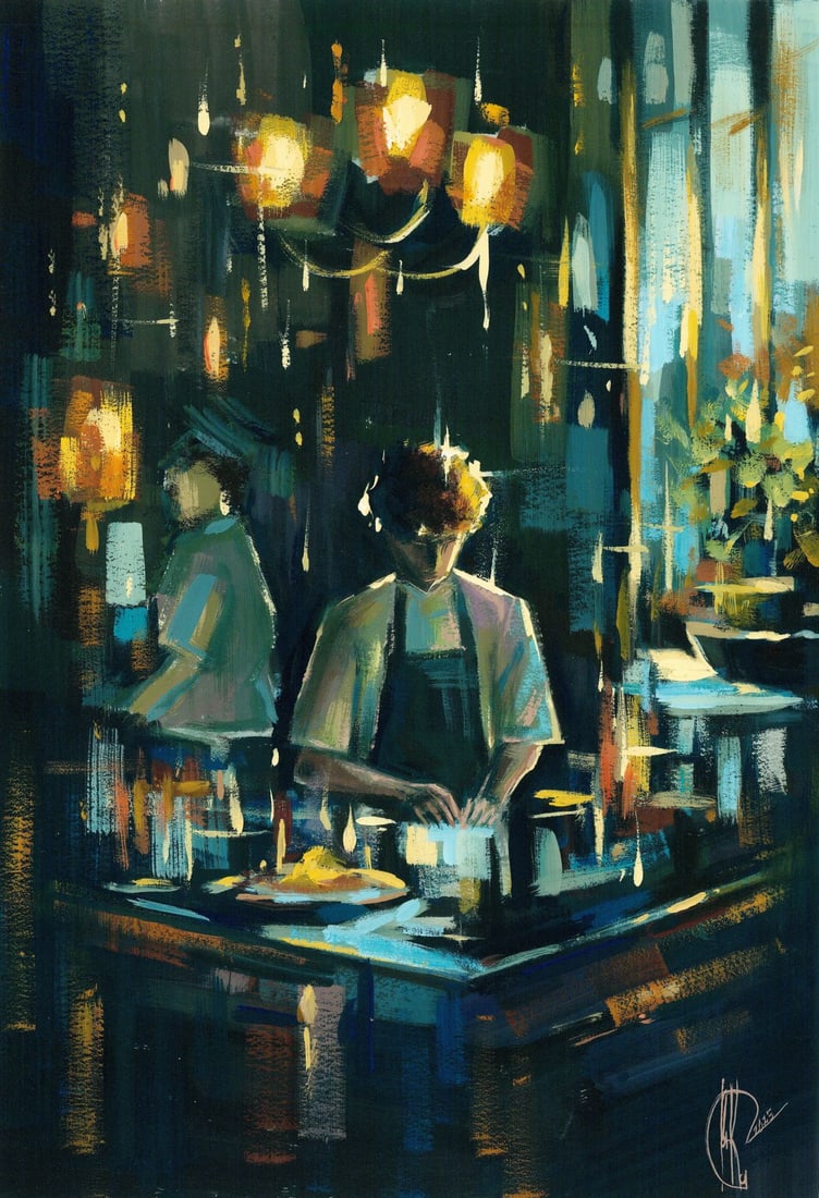 Ivanna Kotulych (Ukraine,20/21C) acrylic painting: ARTIST: Ivanna Kotulych (Ukrainian, 20/21 centuries) TITLE: Coffee Shop Scene MEDIUM: acrylic on heavy paper CONDITION: Very good. ART SIZE: 12 x 8 inche