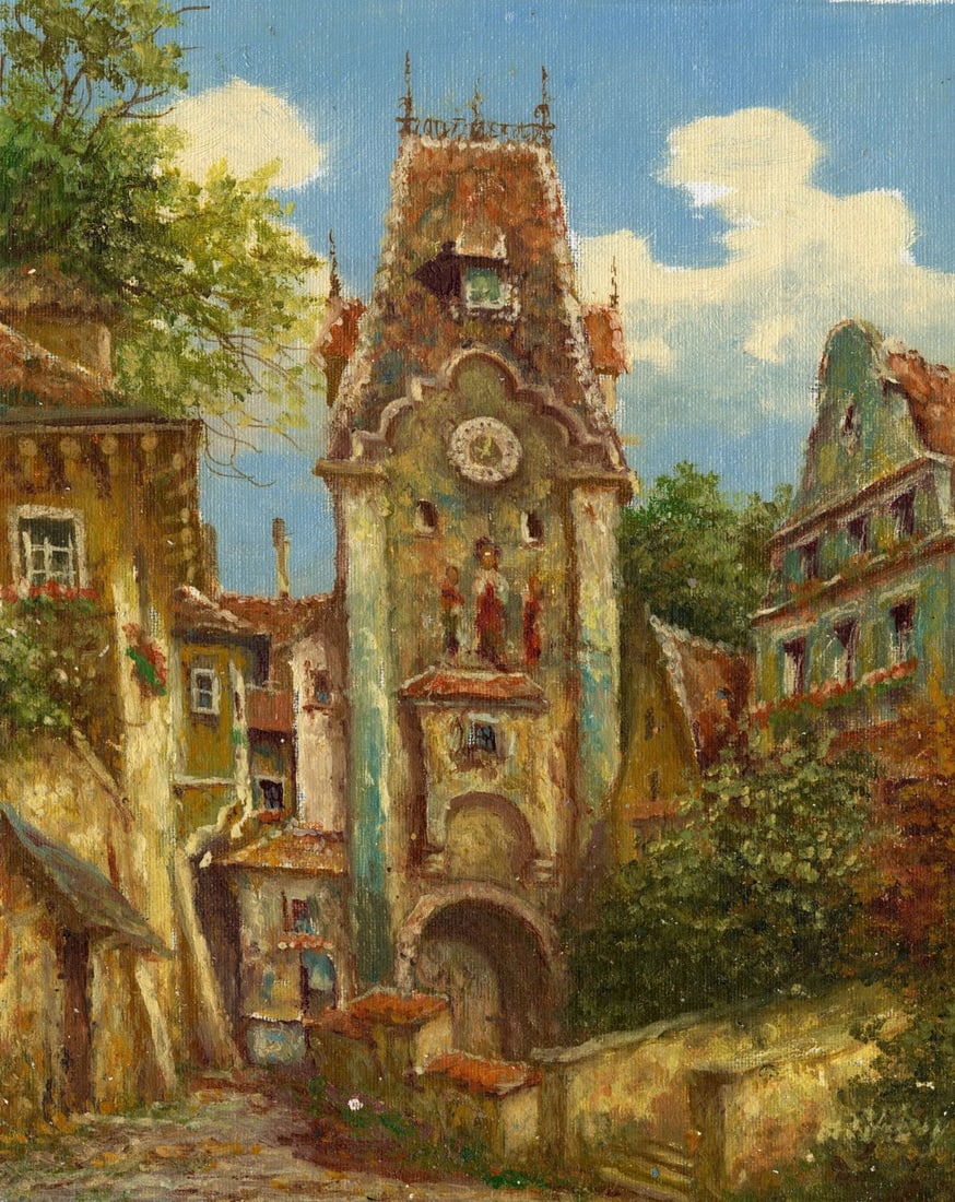 M Schony (German,1913-?) oil painting: ARTIST: M Schony (Germany, 1913 - ???) TITLE: European Cityscape MEDIUM: oil on canvas CONDITION: Unstretched (In-House stretching available). Some small paint losses. No