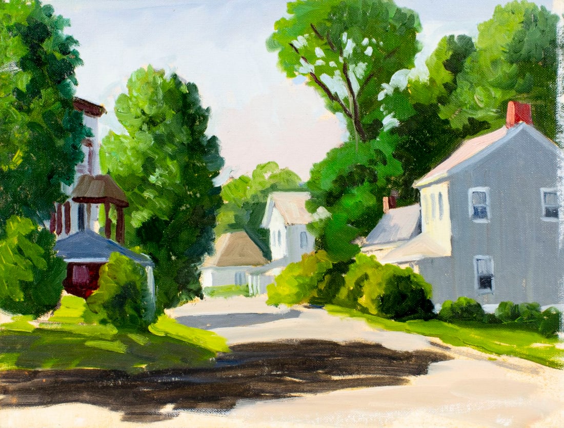 George Holloway (NJ,20C) oil painting: ARTIST: George Holloway (New Jersey, 20 century) TITLE: Town Scene MEDIUM: oil on canvas board CONDITION: Minor paint losses. No visible inpaint under UV light. A