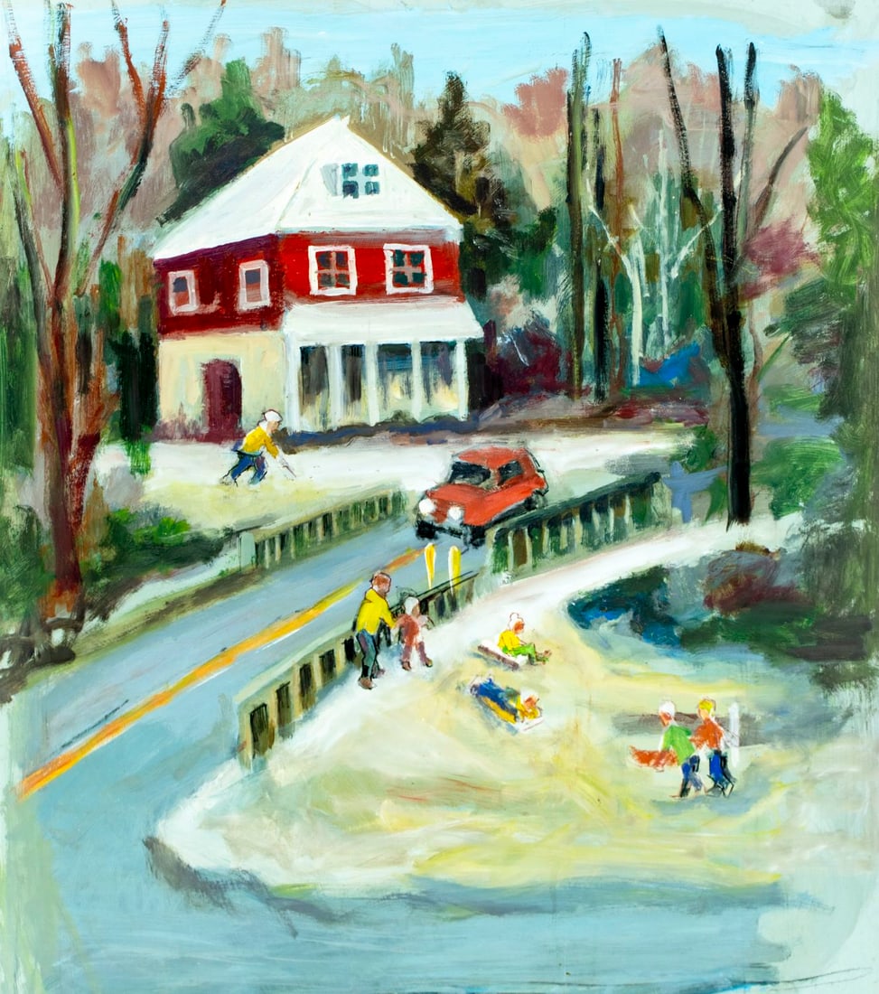 John Reilly (NY,NJ,1942-2021) oil painting: ARTIST: John Reilly (New York, New Jersey, 1942 - 2021) TITLE: Winter Town Scene MEDIUM: oil on board CONDITION: Minor damage to the upper right corner. Some faint scratch