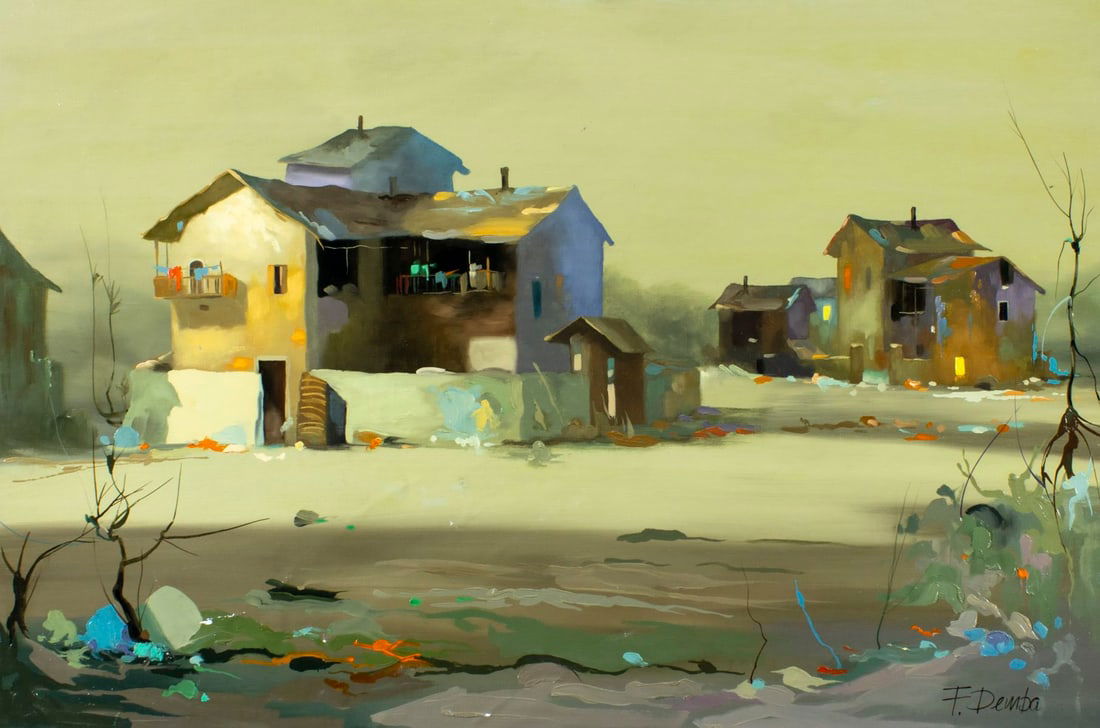 F Demba (Europe,20C) oil painting: ARTIST: F Demba (European, 20 century) TITLE: Town Scene MEDIUM: oil on canvas CONDITION: Unstretched (In-House stretching available). Some paint losses in the lower right q