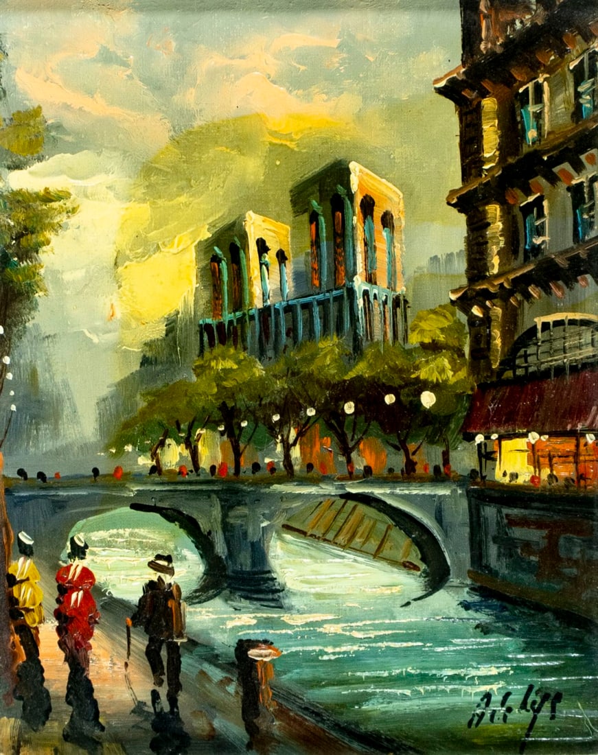 Vintage 20C French oil painting signed: ARTIST: - (France, 20 century) TITLE: Paris Cityscape MEDIUM: oil on canvas CONDITION: Very minor craquelure. No visible inpaint under UV light. Wear to frame.