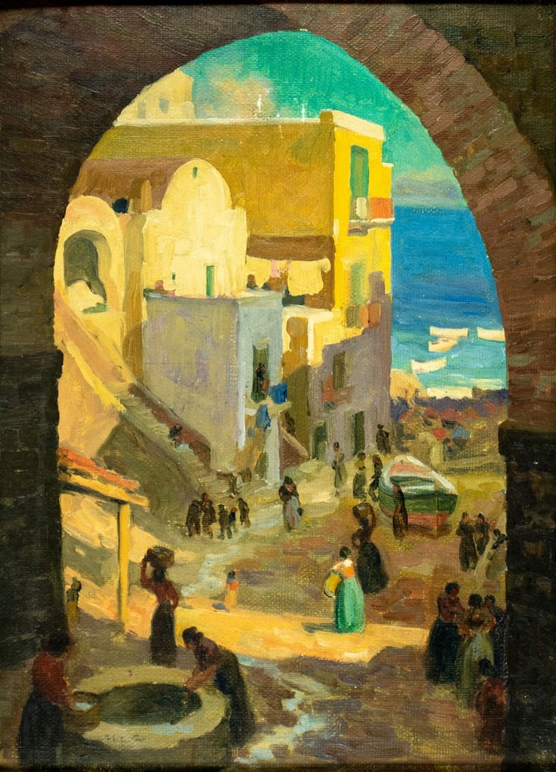 Vintage mid 20C European oil painting signed: ARTIST: - (Europe, mid 20 century) TITLE: Coastal Cityscape MEDIUM: oil on canvas. Canvas applied to board. CONDITION: Overall good. No visible inpaint under UV light.