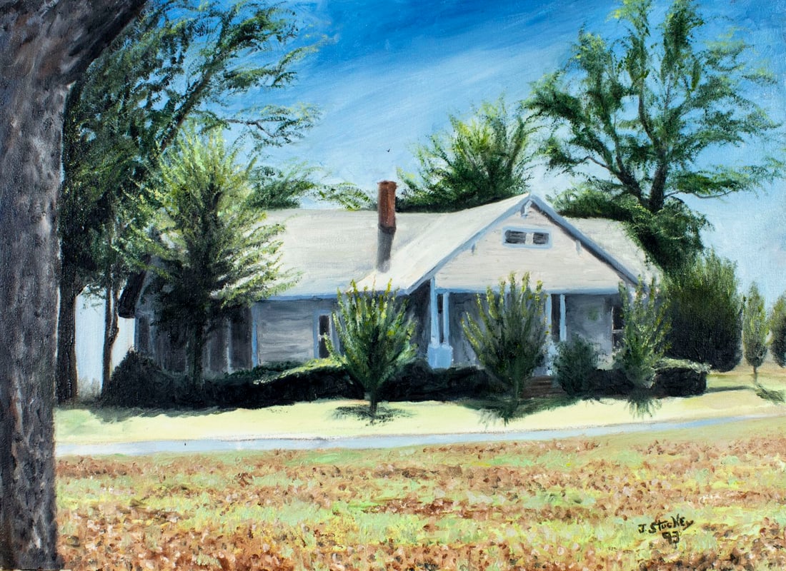 J Stuckey (US,20C) oil painting: ARTIST: J Stuckey (American, 20 century) TITLE: Aunt Janets House YEAR: 1993 MEDIUM: oil on canvas CONDITION: Minor paint losses. No visible inpaint unde