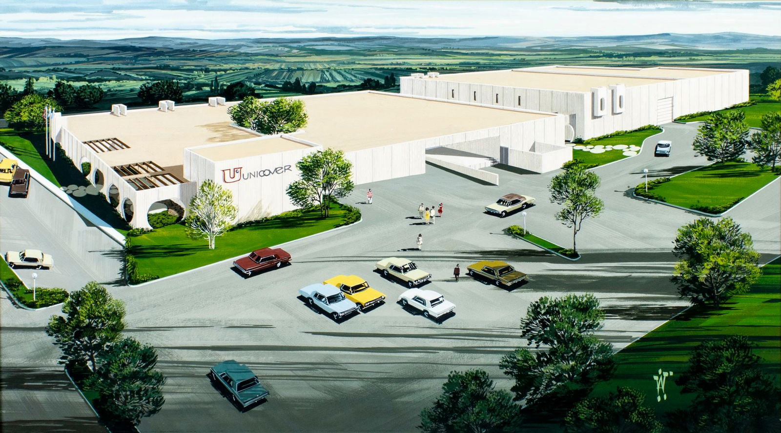 Vintage 20C American gouache painting: ARTIST: - (American, 20 century) TITLE: Unicover Headquarters (titled on verso) YEAR: 1993 MEDIUM: gouache on board CONDITION: Very good. A