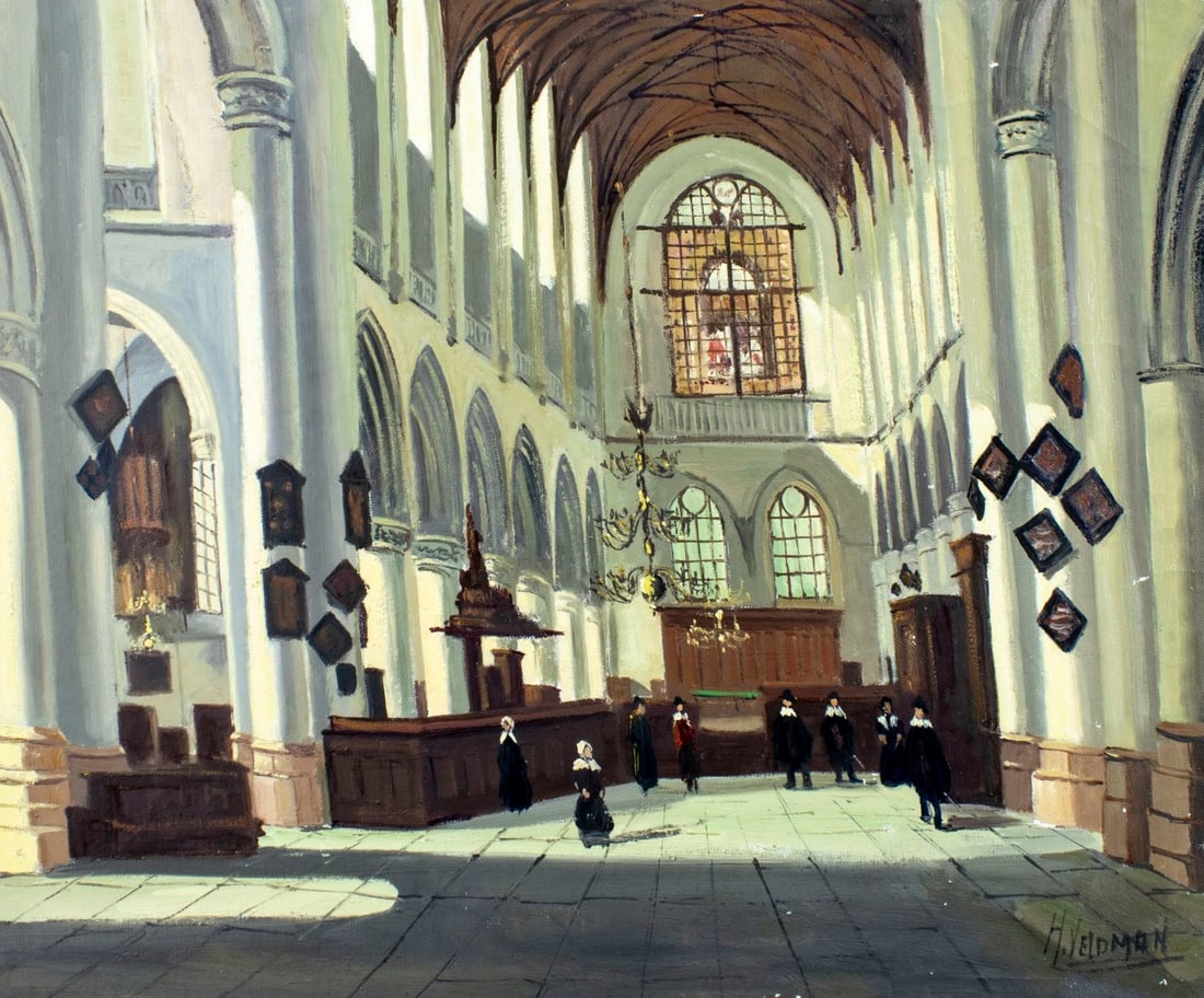 H Veldman (Europe,20C) oil painting: ARTIST: H Veldman (European, 20 century) TITLE: Cathedral Scene MEDIUM: oil on canvas CONDITION: Unstretched (In-House stretching available). Some small paint losses. Some c