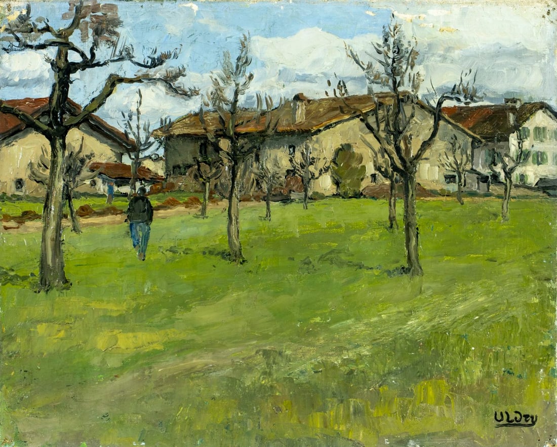 Louis Uldry (Swiss,1878-1960) oil painting: ARTIST: Louis Uldry (Switzerland, 1878 - 1960) TITLE: Town Scene MEDIUM: oil on canvas CONDITION: Some pinholes by the corners. Some paint losses mostly along the upper ed