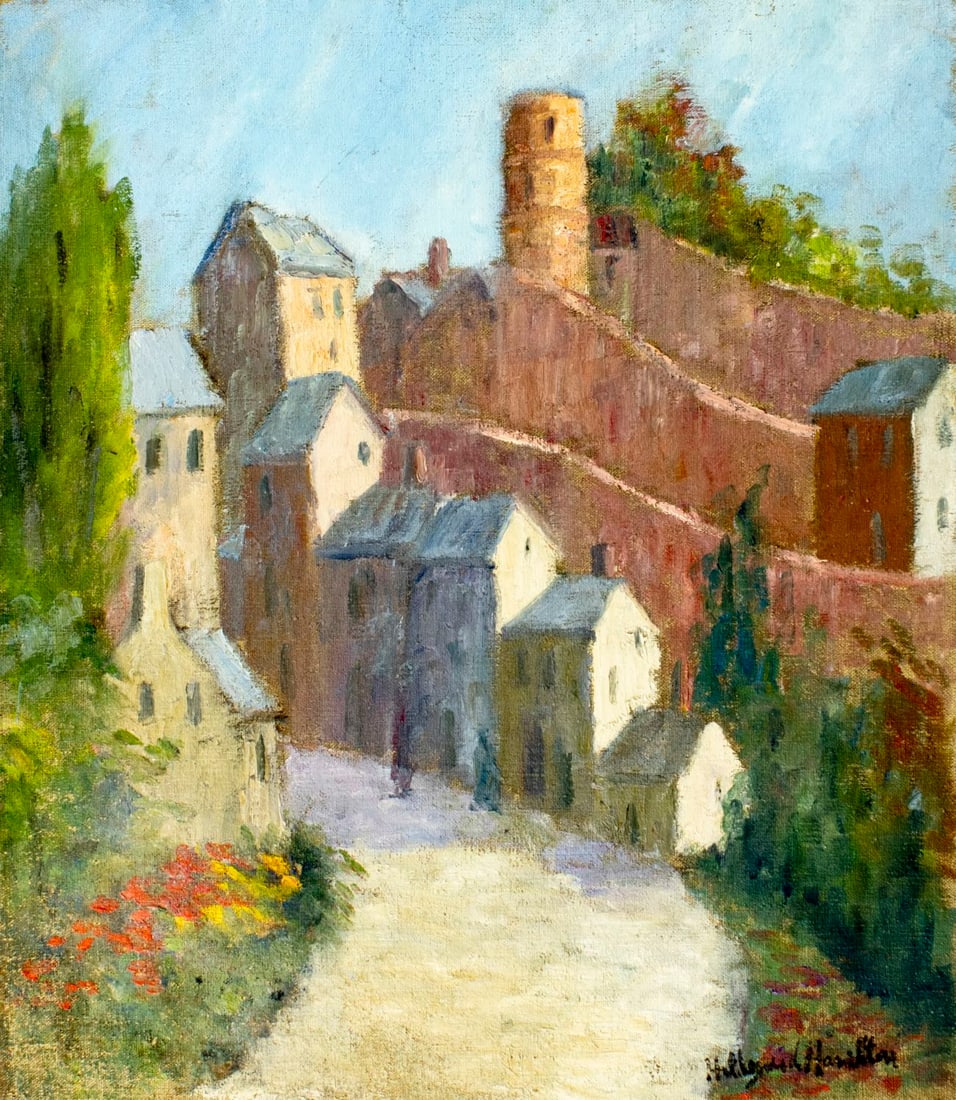 Hildegarde Hamilton (FL,VA,1898-1970) oil painting: ARTIST: Hildegarde Hume Hamilton (Florida, Virginia, 1898 - 1970) TITLE: Cityscape MEDIUM: oil on canvas CONDITION: Unstretched (In-House stretching available). Some scrat