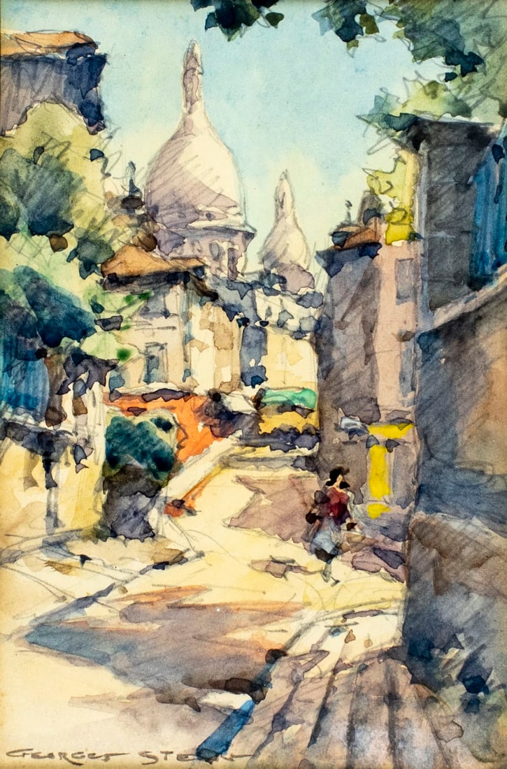 Georges Stein (France,US,1870-?) watercolor painting antique: ARTIST: Georges Stein (French, American, 1870 - 1930/55) TITLE: Paris Montmartre Cityscape, France MEDIUM: watercolor on paper CONDITION: Some age toning. Framed under gla