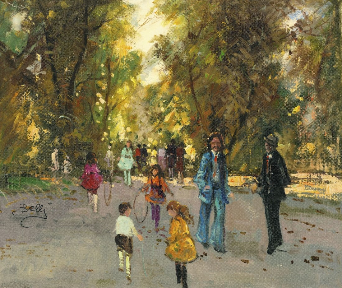 Belli (Europe,20C) oil painting: ARTIST: Belli (European, 20 century) TITLE: Park Scene MEDIUM: oil on canvas CONDITION: Unstretched (In-House stretching available). Some small paint losses mostly by the up