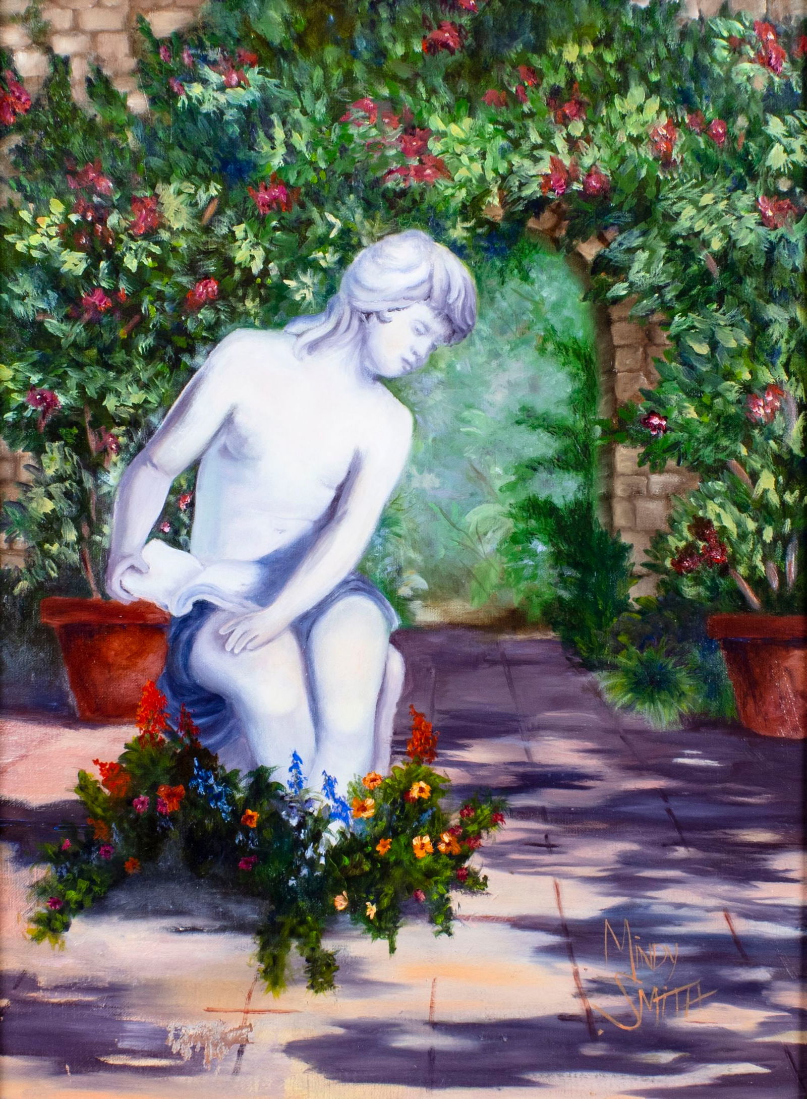 Mindy Smith (CA,20C) oil painting: ARTIST: Mindy Smith (California, 20 century) NAME: L'Innocente (titled on stretcher) MEDIUM: oil on canvas CONDITION: Very good. No visible inpaint under UV light. SIGHT SIZE: 24 x 18 in