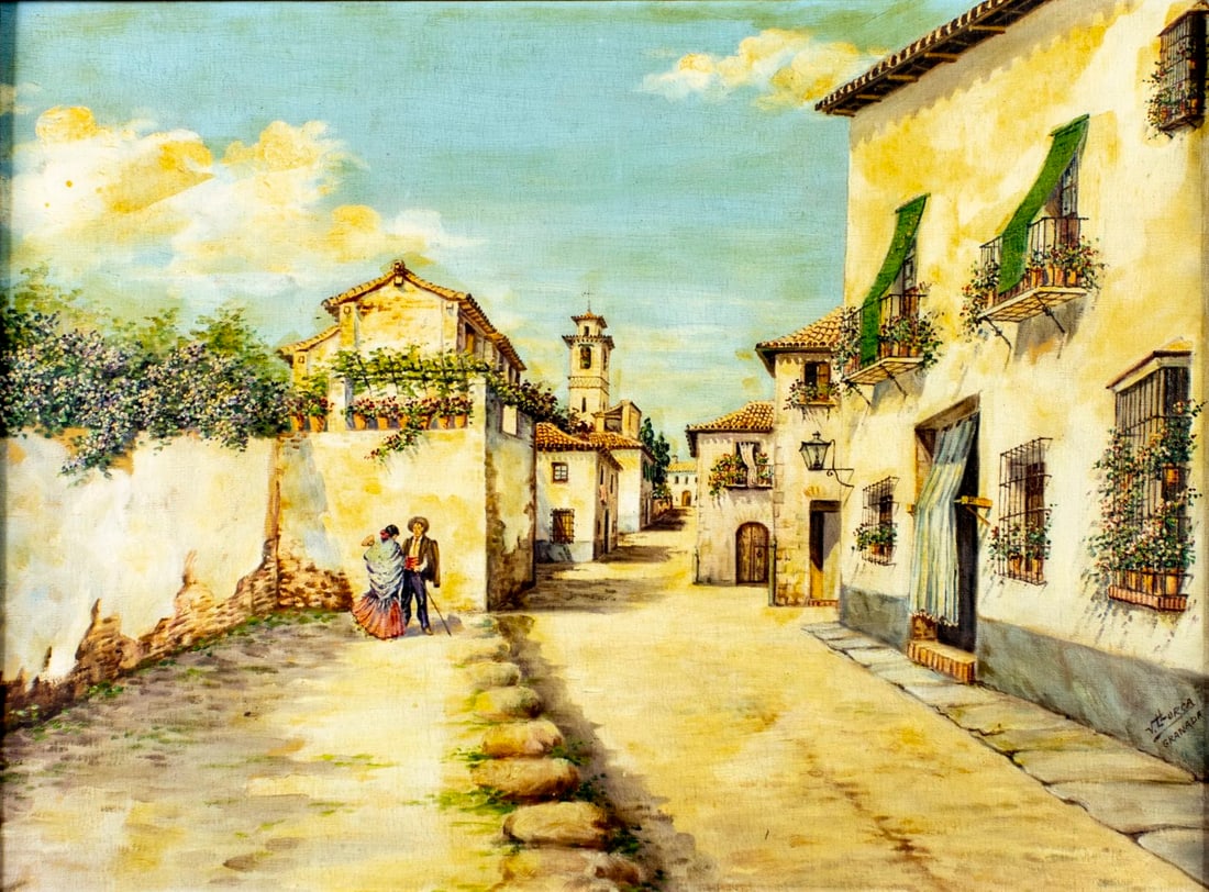 V Llorca (Spain,early 20C) oil painting antique: ARTIST: V Llorca (Spanish, early 20 century) TITLE: Granada Cityscape, Spain MEDIUM: oil on canvas CONDITION: Some paint losses in the lower left quadrant. Minor craquelure.