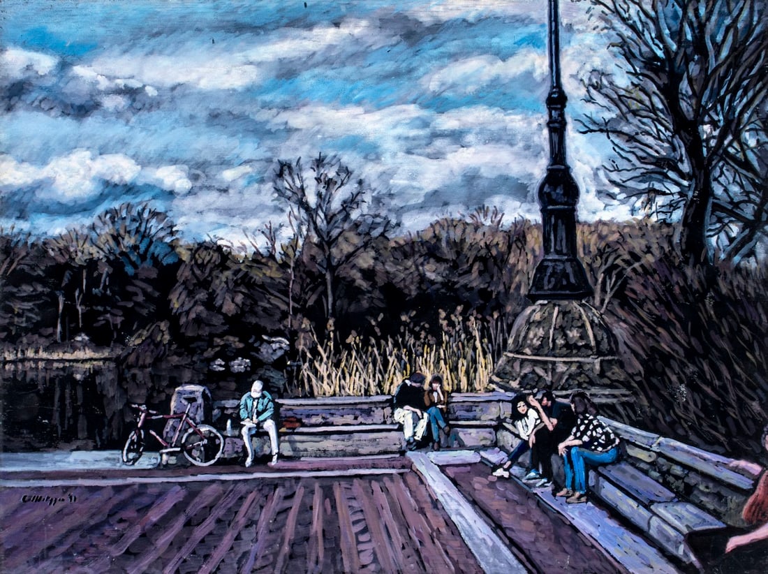 Evelyn Metzger (NY,Brazil,1911-2007) oil painting: ARTIST: Evelyn Borchard Metzger (New York, Brazilian, 1911 - 2007) TITLE: Central Park Scene, NY YEAR: 1991 MEDIUM: oil on board CONDITION: Minor scratc