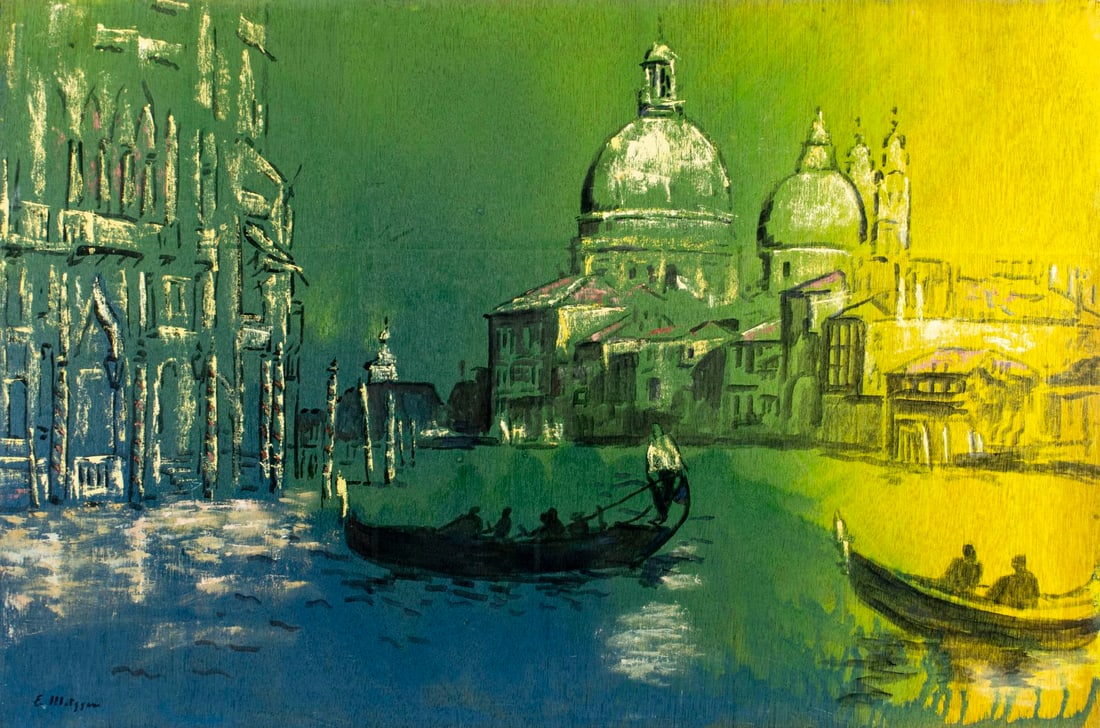 Evelyn Metzger (NY,Brazil,1911-2007) oil painting: ARTIST: Evelyn Borchard Metzger (New York, Brazilian, 1911 - 2007) TITLE: Venetain Canal Cityscape, Italy MEDIUM: oil on board CONDITION: Some damages to corners. Few mino