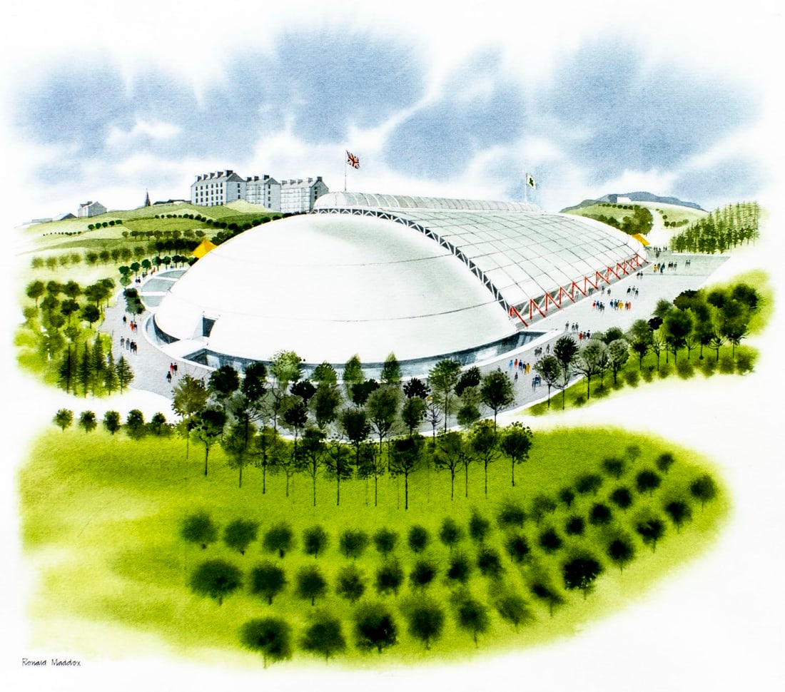 Ronald Maddox (UK,1930-2018) watercolor painting: ARTIST: Ronald Maddox (United Kingdom, 1930 - 2018) TITLE: Liverpool International Garden Festival, UK (titled on verso) YEAR: 1984 MEDIUM: watercolor on heavy paper <