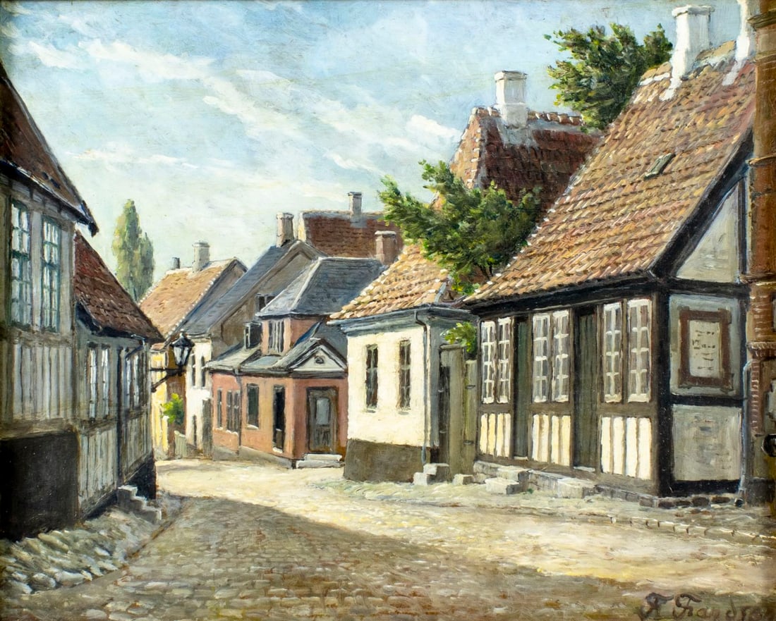 Frands Frandsen (Denmark,1885-1979) oil painting: ARTIST: Frands Frandsen (Danish, 1885 - 1979) TITLE: Danish Cityscape MEDIUM: oil on board CONDITION: Overall good. No visible inpaint under UV light. Wear to frame.