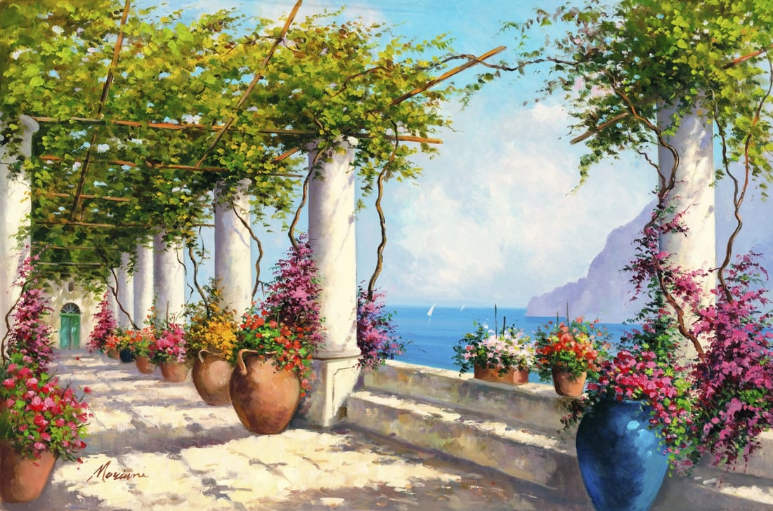 Mariani (Italy,20C) oil painting: ARTIST: Mariani (Italian, 20 century) TITLE: Coastal Landscape MEDIUM: oil on canvas CONDITION: Unstretched (In-House stretching available). Some crumpling by the upper edge