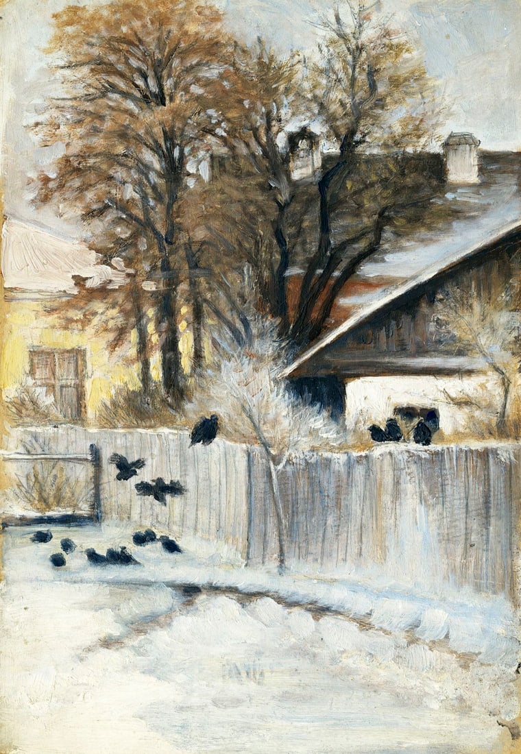 Antique early 20C American oil painting: ARTIST: - (American, early 20 century) TITLE: Winter Cityscape MEDIUM: oil on board CONDITION: Minor damages to corners. Minor scratches/paint losses. No visible inpaint u