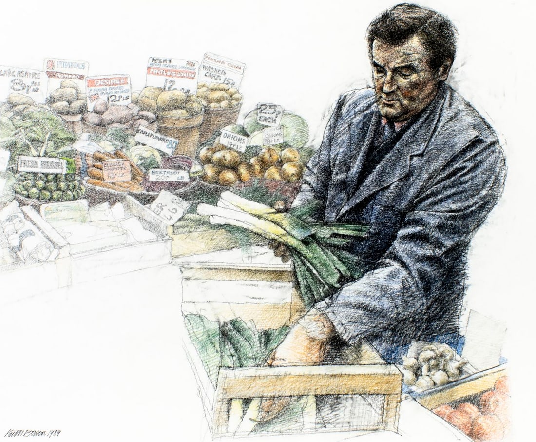 Keith Bowen (UK,b 1950) pastel painting: ARTIST: Keith Bowen (United Kingdom, born 1950) TITLE: Food and Farming - The Greengrocer (titled on verso) YEAR: 1989 MEDIUM: pastel on heavy paper CONDITION: