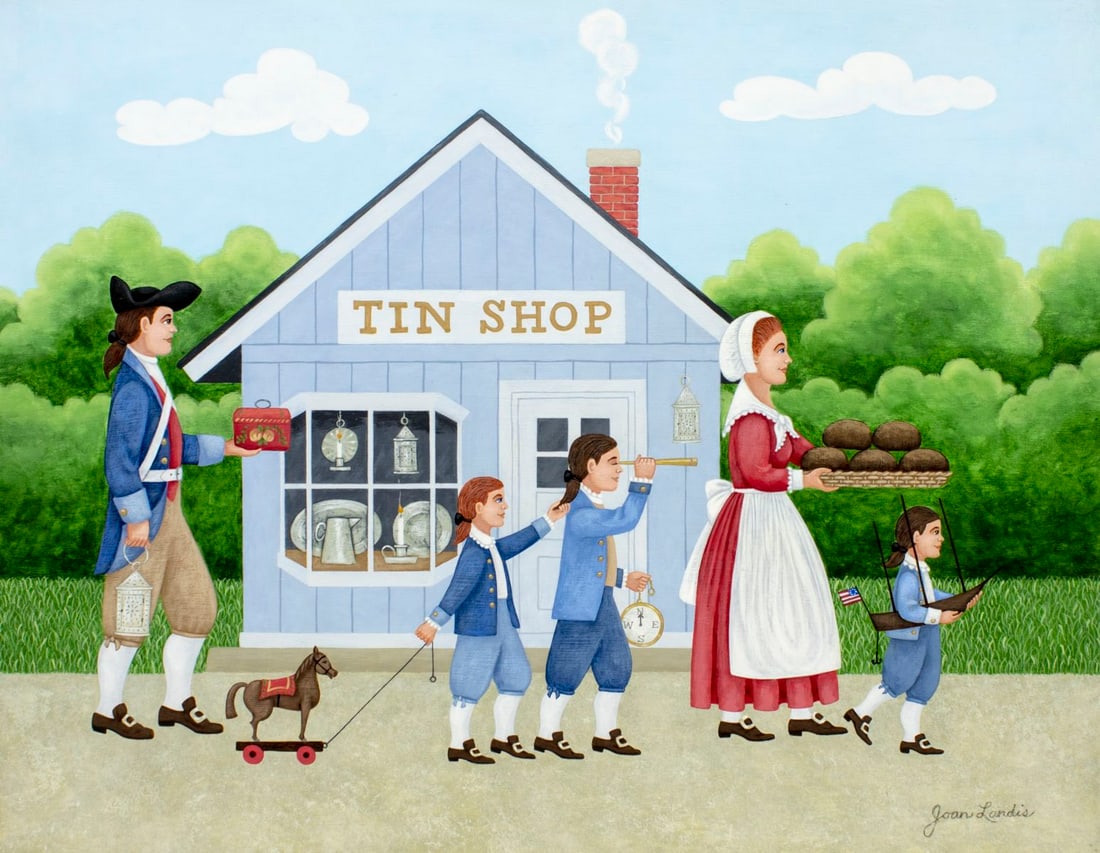 Joan Landis (NY,1928-?) oil painting: ARTIST: Joan Landis (New York, 1928 - ???) TITLE: American Family by Tin Shop MEDIUM: oil on board CONDITION: Minor damage to upper right corner. No visible inpaint under