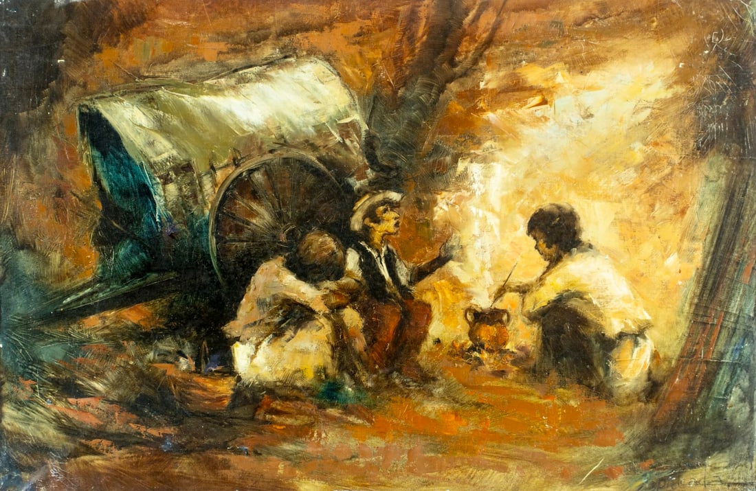 Vintage 20C European oil painting signed: ARTIST: - (Europe, 20 century) TITLE: Campfire Scene MEDIUM: oil on canvas CONDITION: One small patch. Some damages to edges and corners of canvas. Some scratches/paint lo