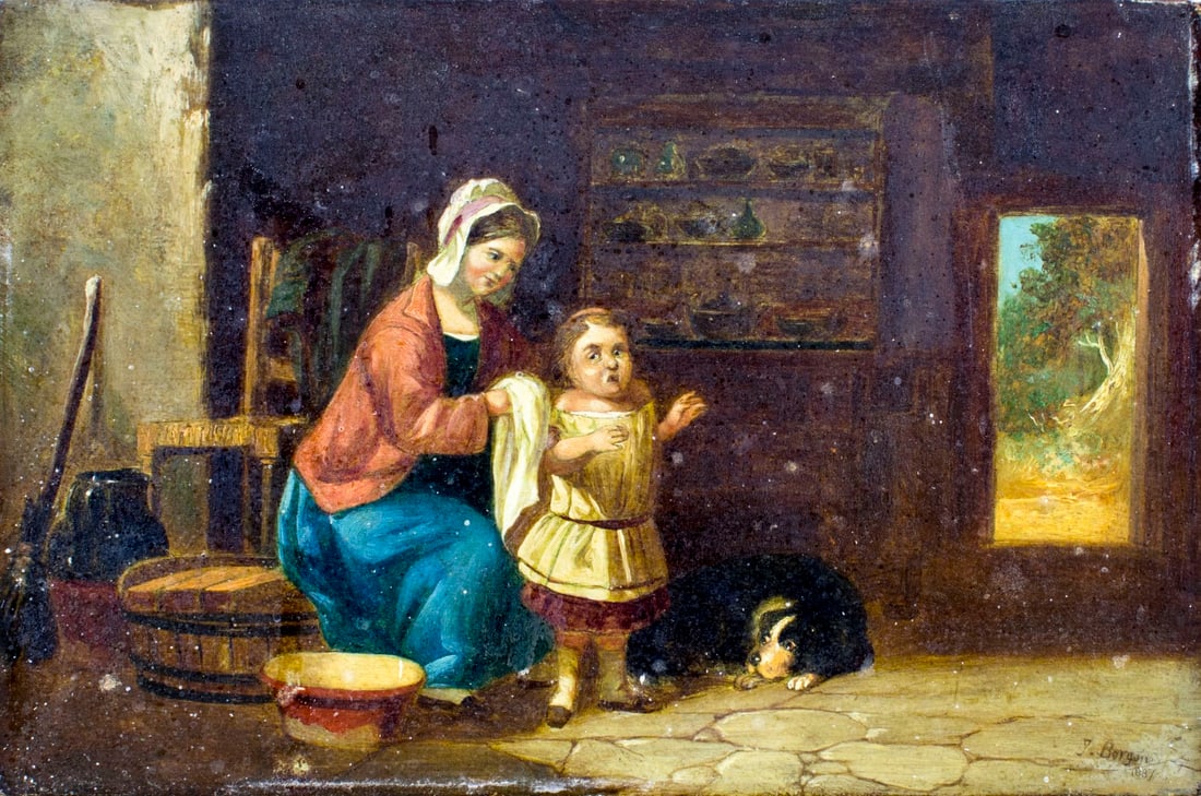 J Bergone (Europe,19C) oil painting antique: ARTIST: J Bergone (European, 19 century) NAME: The Bath YEAR: 1887 MEDIUM: oil on board CONDITION: Overall good. No visible inpaint under UV light. SIGHT SIZE: 8 x 12