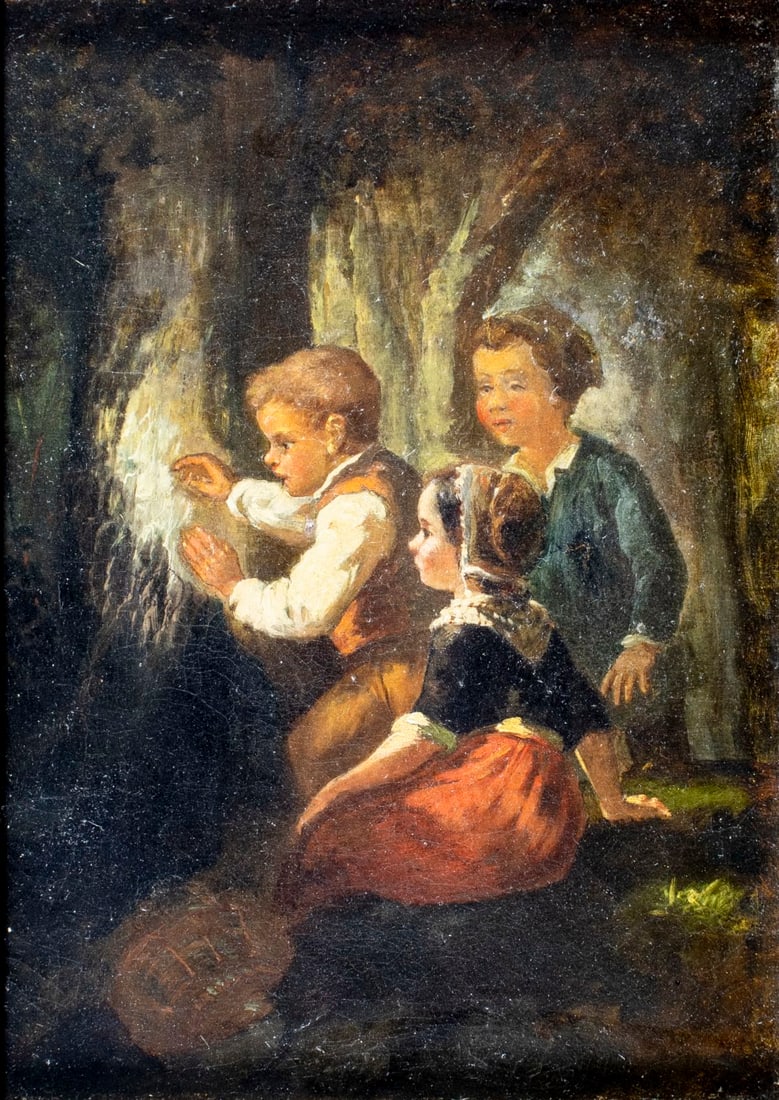 Antique 19C European oil painting: ARTIST: - (Europe, 19 century) TITLE: Three Children MEDIUM: oil on canvas CONDITION: One patch. Few repaired tears. Few small paint losses. Some craquelure. Some scattere