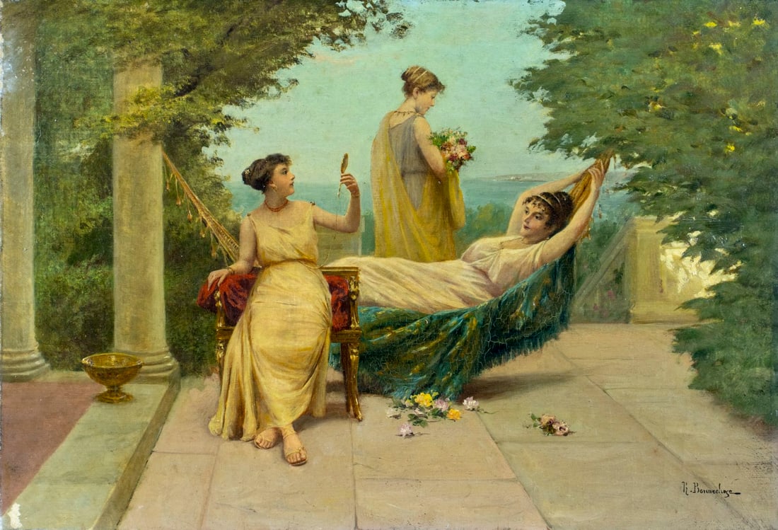 R Bonnechose (France,19C) oil painting antique: ARTIST: R Bonnechose (French, 19 century) TITLE: Three Ladies in the Garden MEDIUM: oil on canvas CONDITION: Some paint losses mostly by the lower left corner. Some craquelu