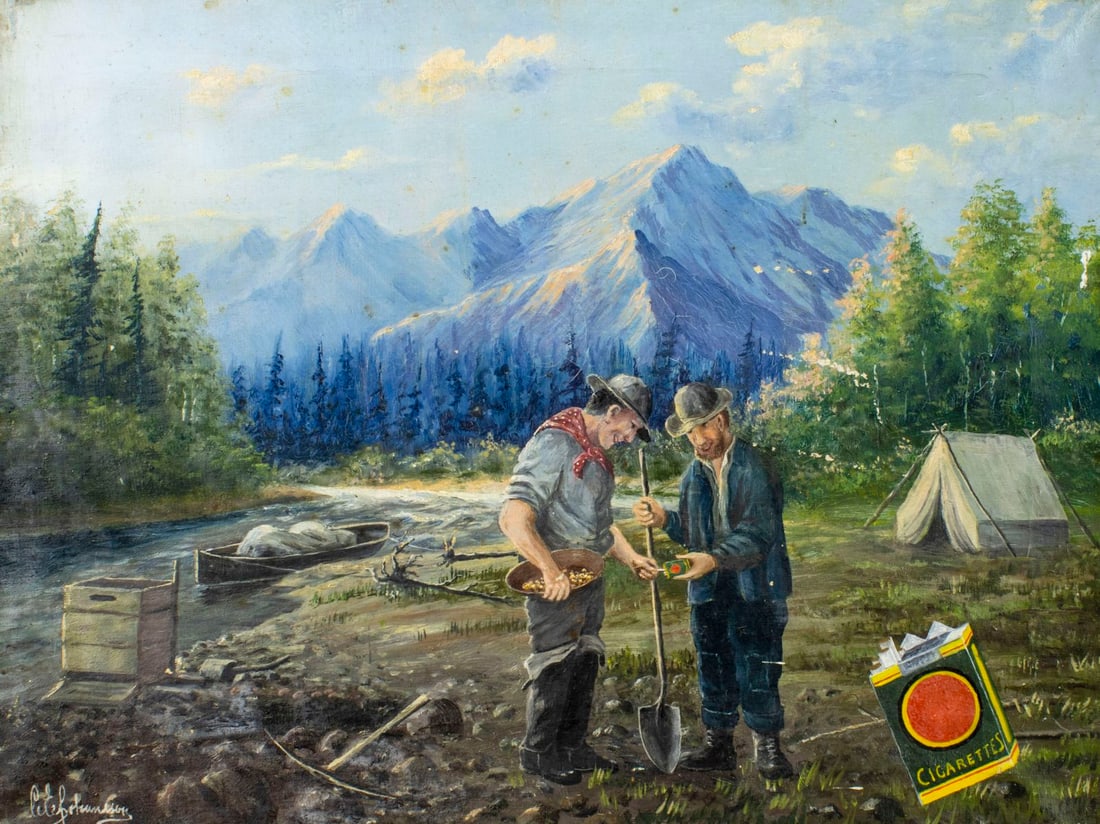 Vintage mid 20C American oil painting signed: ARTIST: - (American, mid 20 century) TITLE: Gold Diggers on Smoke Break MEDIUM: oil on canvas CONDITION: Some paint losses (see pictures carefully). Some craquelure. Some