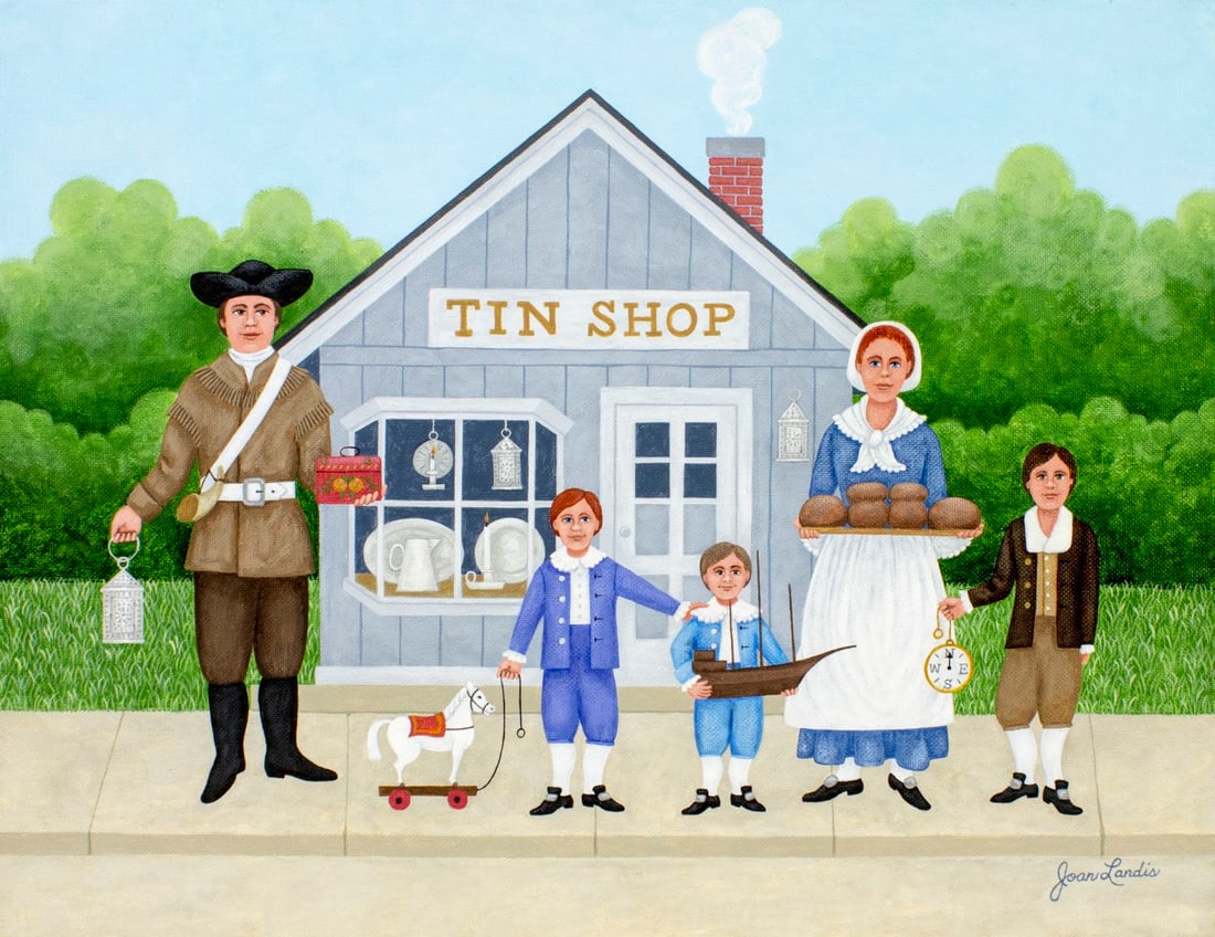 Joan Landis (NY,1928-?) oil painting: ARTIST: Joan Landis (New York, 1928 - ???) TITLE: Family by Tin Shop MEDIUM: oil on canvas board CONDITION: Very good. No visible inpaint under UV light. ART SI