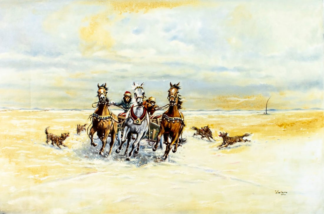 W Wallern (Austria,20C) oil painting: ARTIST: W Wallern (Austrian, 20 century) TITLE: Winter Landscape with Horse Carriage MEDIUM: oil on canvas CONDITION: Unstretched (In-House stretching available). Overall go