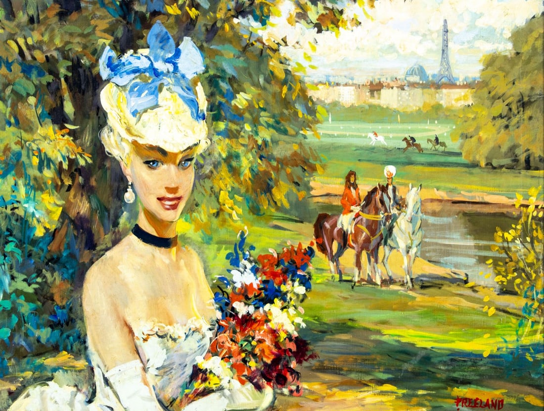 Cliff Freeland (NJ,FL,1915-1987) oil painting: ARTIST: Cliff Freeland (New Jersey, Florida, 1915 - 1987) TITLE: Park Scene MEDIUM: oil on canvas CONDITION: Missing a few flakes of paint. Very minor craquelure. No visib