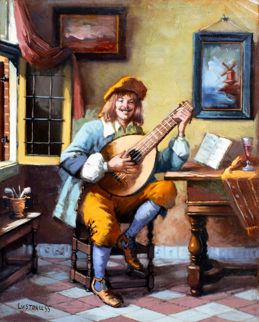 L V Strauss (German,20C) oil painting: ARTIST: L V Strauss (Germany, 20 century) TITLE: Man Playing Lute MEDIUM: oil on canvas CONDITION: Unstretched (In-House stretching available). Overall good. No visible inpa