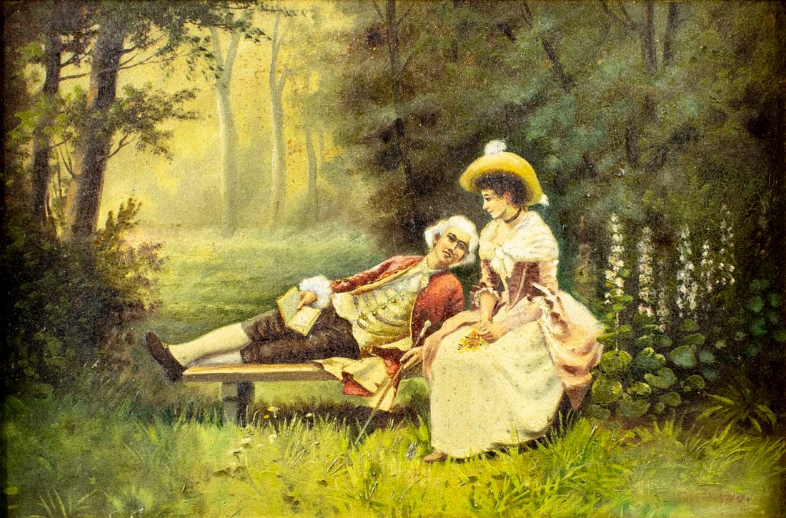 C M Toscano (US,early 20C) oil painting antique: ARTIST: C M Toscano (American, early 20 century) TITLE: Courting Couple MEDIUM: oil on canvas CONDITION: Some flaking/paint losses (see pictures carefully). Some craquelure.