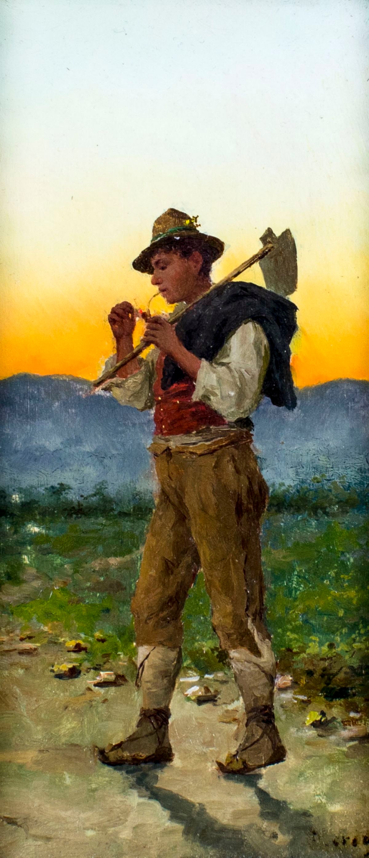 Vincenzo Loria (Italy,1850-1939) oil painting antique: ARTIST: Vincenzo Loria (Italian, 1850 - 1939) NAME: Italian Peasant Man with Pipe MEDIUM: oil on board CONDITION: Very good. No visible inpaint under UV light. Some damages to frame. SIGH
