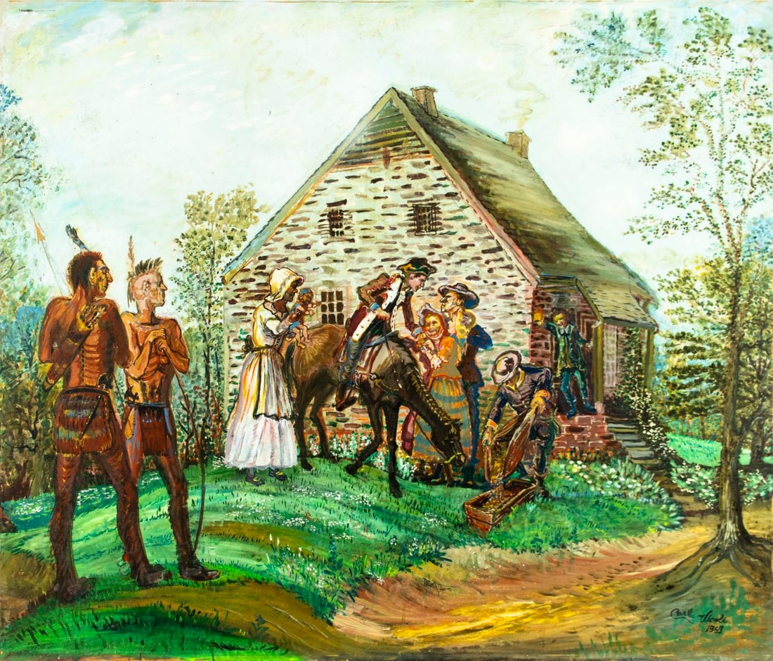 Carl Vicoli (NY,mid 20C) oil painting: ARTIST: Carl Vicoli (New York, mid 20 century) TITLE: Village Scene with Indian Men YEAR: 1969 MEDIUM: oil on board CONDITION: One pinhole by the upper e