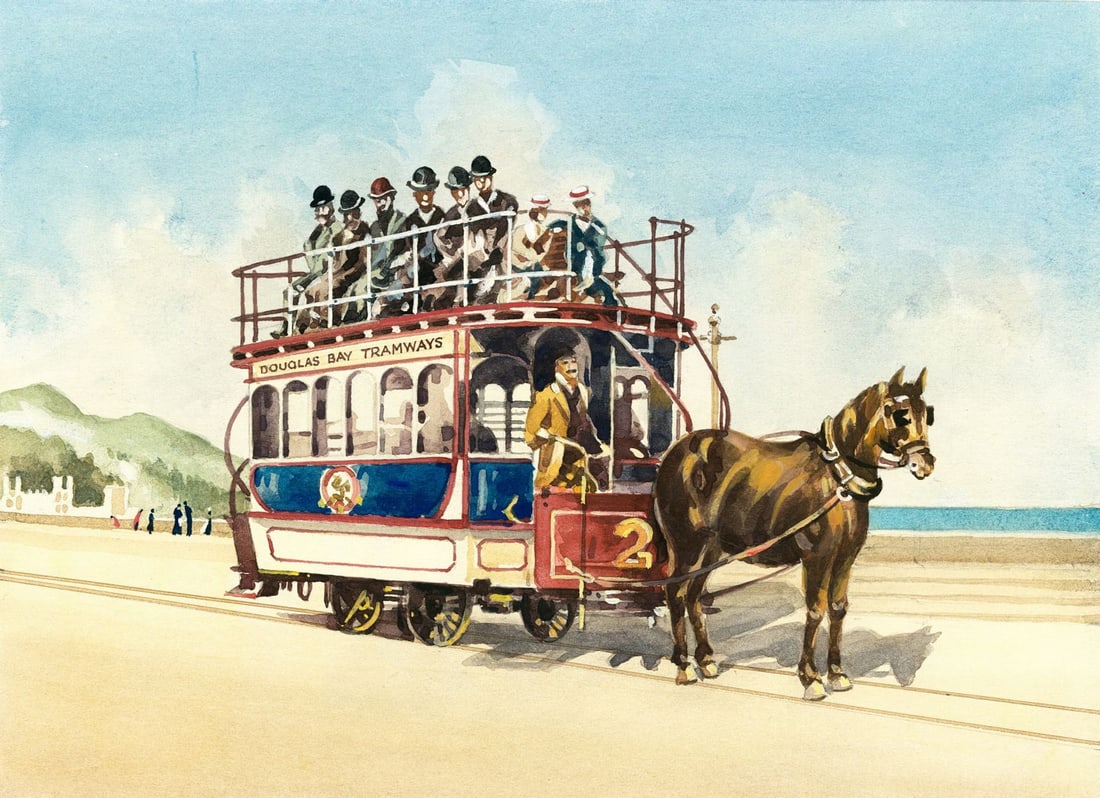 John Hobson Nicholson (UK,1911-1988) watercolor painting: ARTIST: John Hobson Nicholson (United Kingdom, 1911 - 1988) TITLE: Douglas Bay Tramway, ME YEAR: 1979 MEDIUM: watercolor on board CONDITION: Some small d