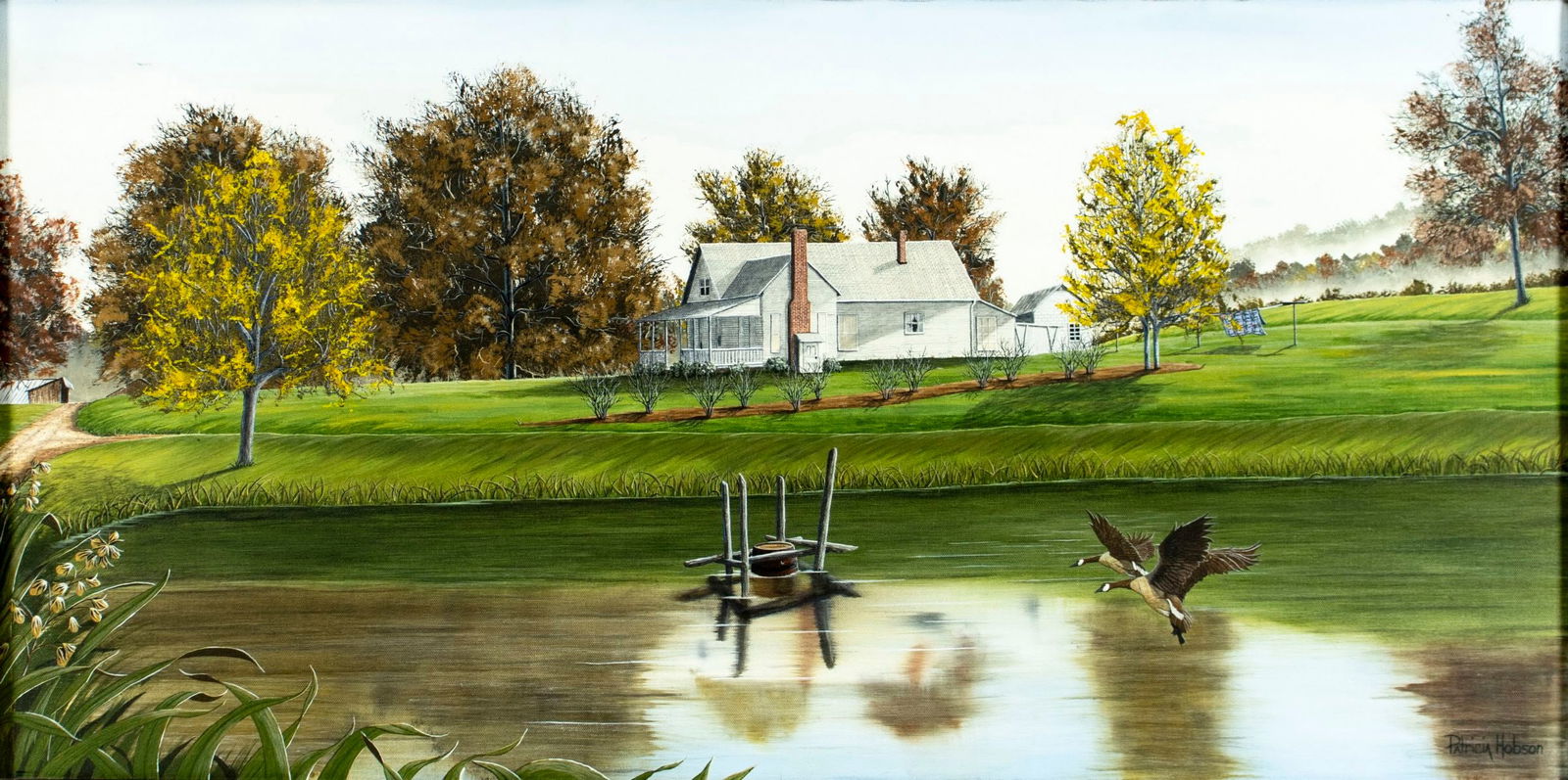 Patricia Hobson (NC,b 1953) oil painting: ARTIST: Patricia Hobson (North Carolina, born 1953) TITLE: Pond Landscape with Farmhouse and Ducks MEDIUM: oil on canvas CONDITION: One small scratch by the upper left corne
