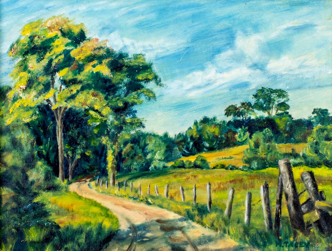 H Tacey (NY,mid 20C) oil painting: ARTIST: H Tacey (New York, mid 20 century) NAME: Landscape MEDIUM: oil on canvas board CONDITION: Some small scrathes/paint losses. No visible inpaint under UV light. Wear to frame. SIGHT