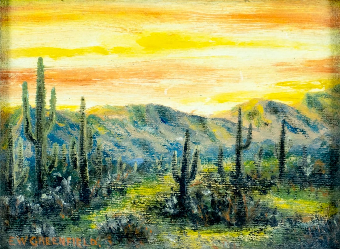 Ernest W Greenfield (CA,UK,1876-1970) oil painting: ARTIST: Ernest W Greenfield (California, United Kingdom, 1876 - 1970) TITLE: Sunset Desert Landscape MEDIUM: oil on canvas. Canvas applied to board. CONDITION: Few faint s