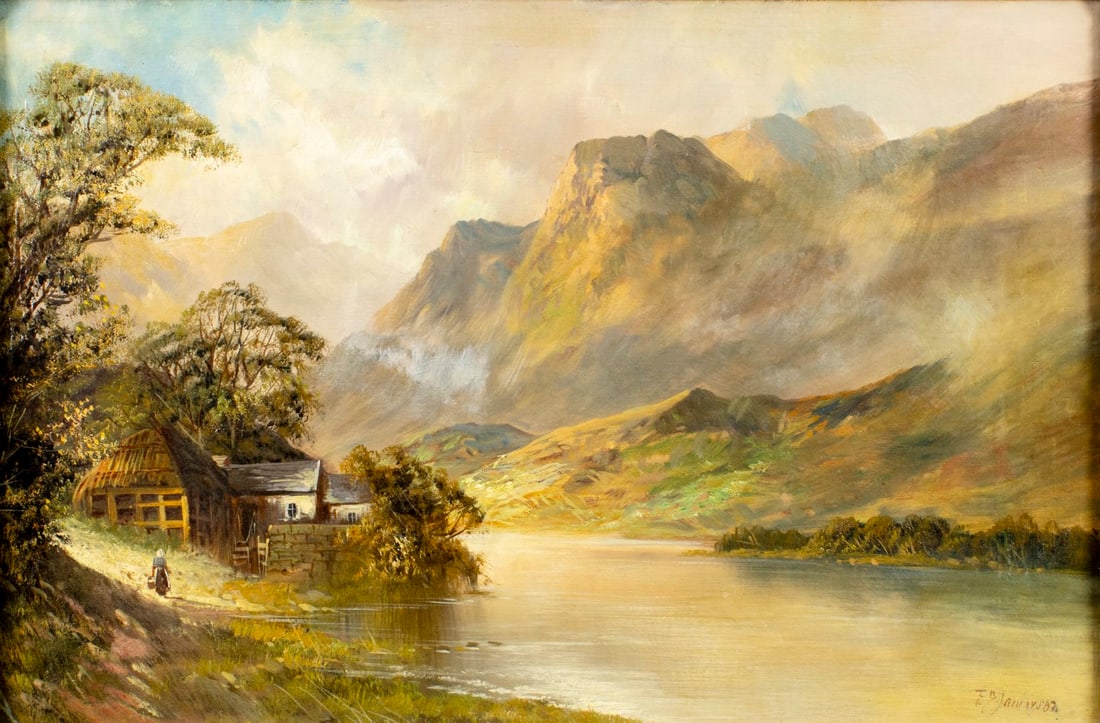 Antique early 20C European oil painting signed: ARTIST: - (Europe, early 20 century) TITLE: Mountain Lake Landscape with House MEDIUM: oil on canvas CONDITION: Relined. Few minor paint losses. Some craquelure. Some scat
