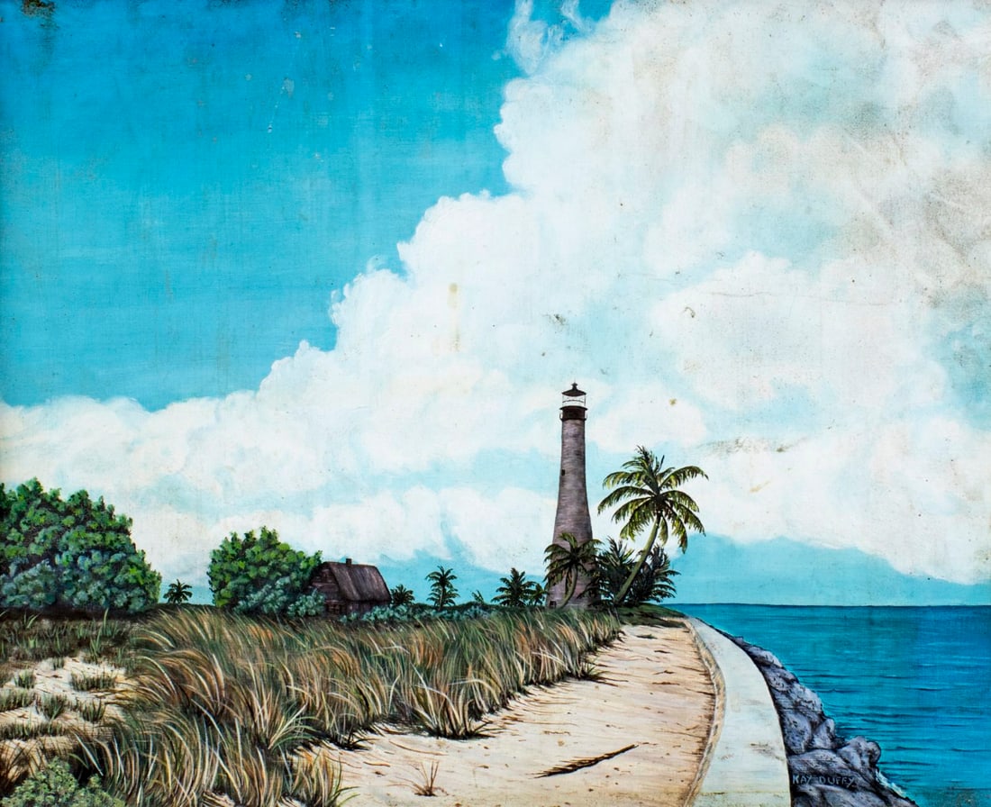 Kay Duffy (FL,early 20C) oil painting: ARTIST: Kay Duffy (Florida, early 20 century) NAME: Coastal Landscape with Lighthouse MEDIUM: oil on board CONDITION: Few faint scratches. No visible inpaint under UV light. Wear to frame.